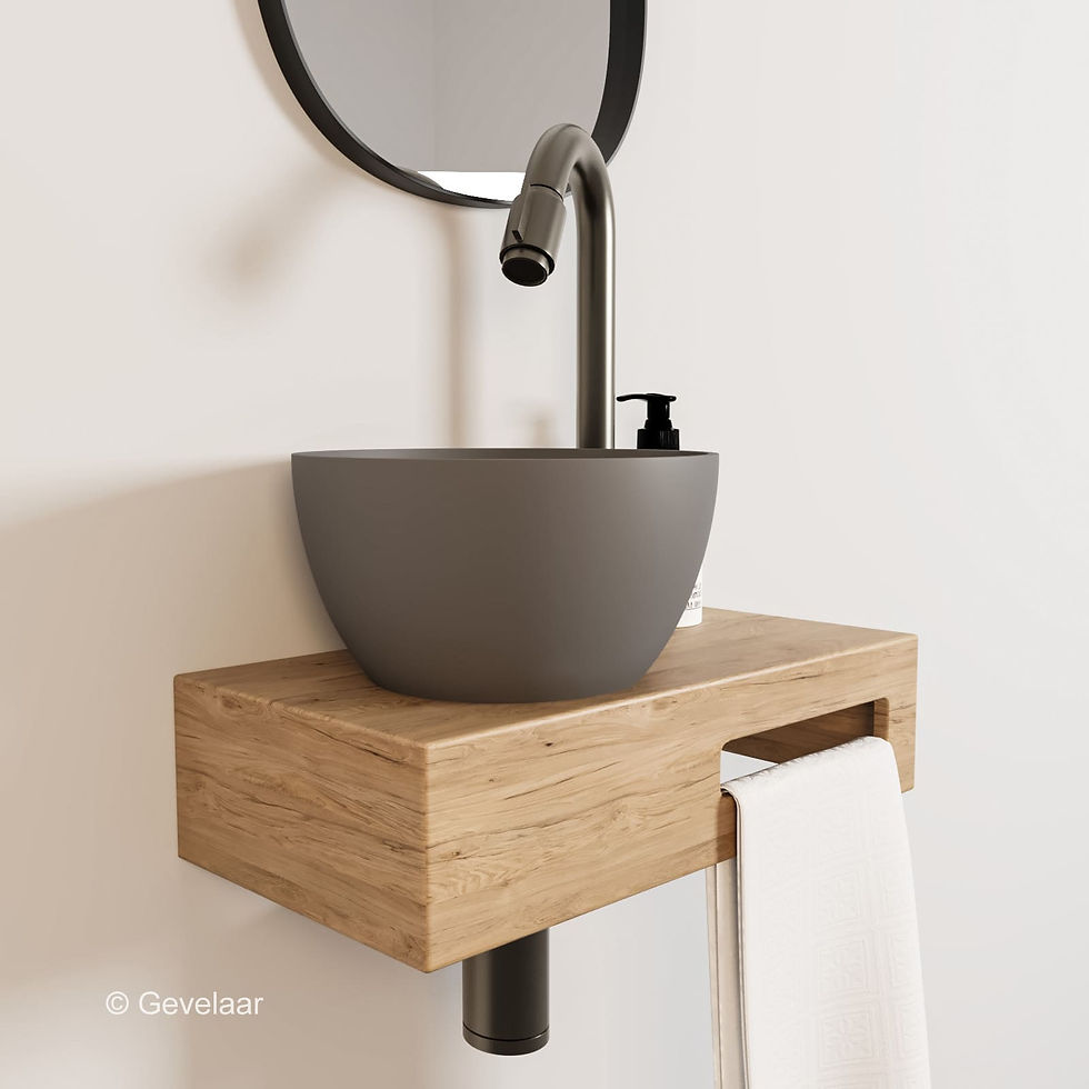 Thumbnail: Arcqua Olivia fonteinset eikenhout waskom quartz grijs links bo kraan gunmetal