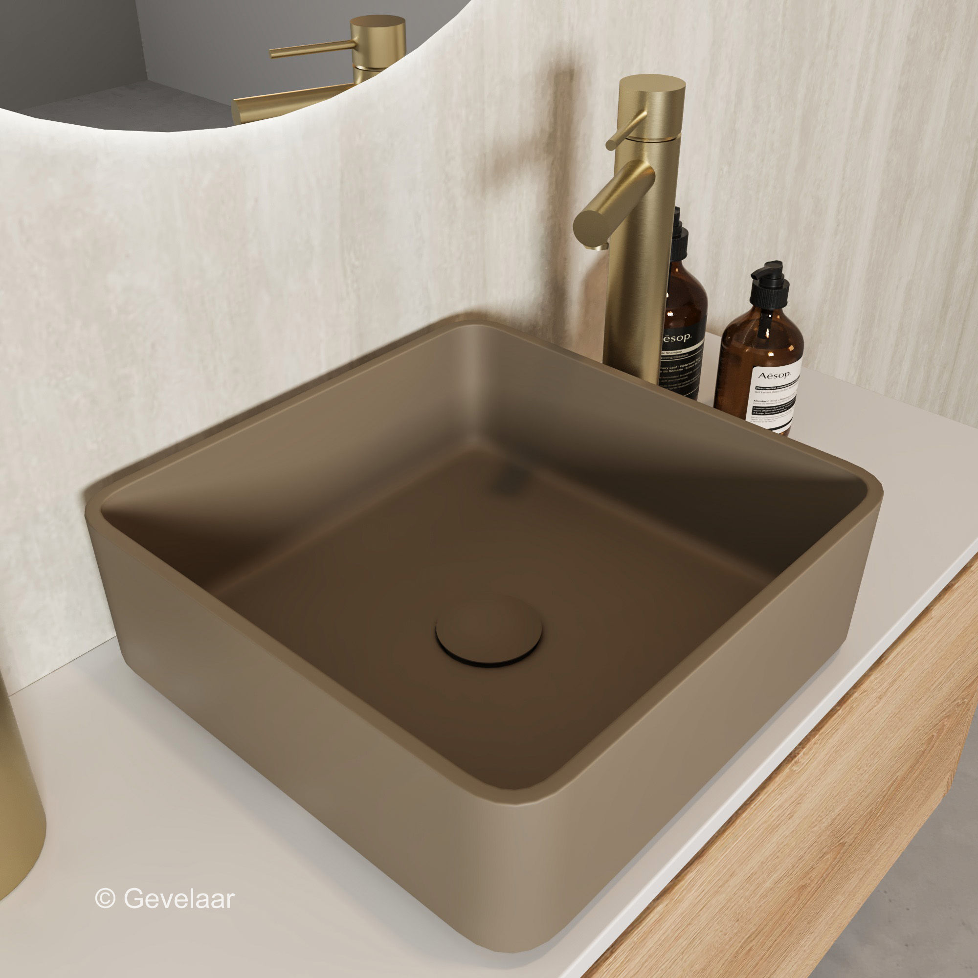 Arcqua Case opbouw waskom cast marble vierkant 37*37 mat truffel