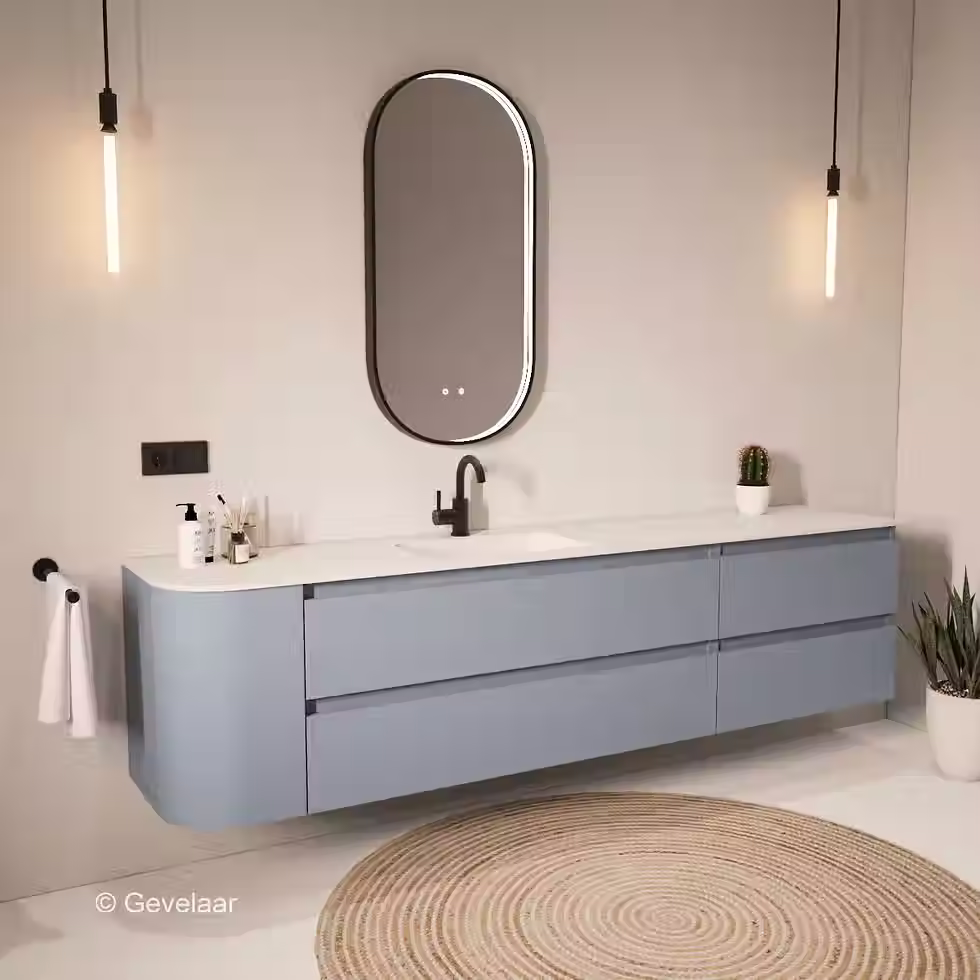 Thumbnail: Tanaro SoXeL badmeubel mis blauw afgeronde hoek wastafel mat wit 220cm