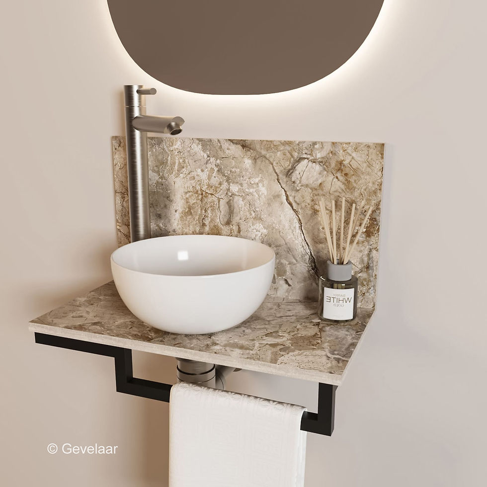 Thumbnail: Tanaro Marqstone fonteinset earth glossy wand kraan RVS kom wit houder R