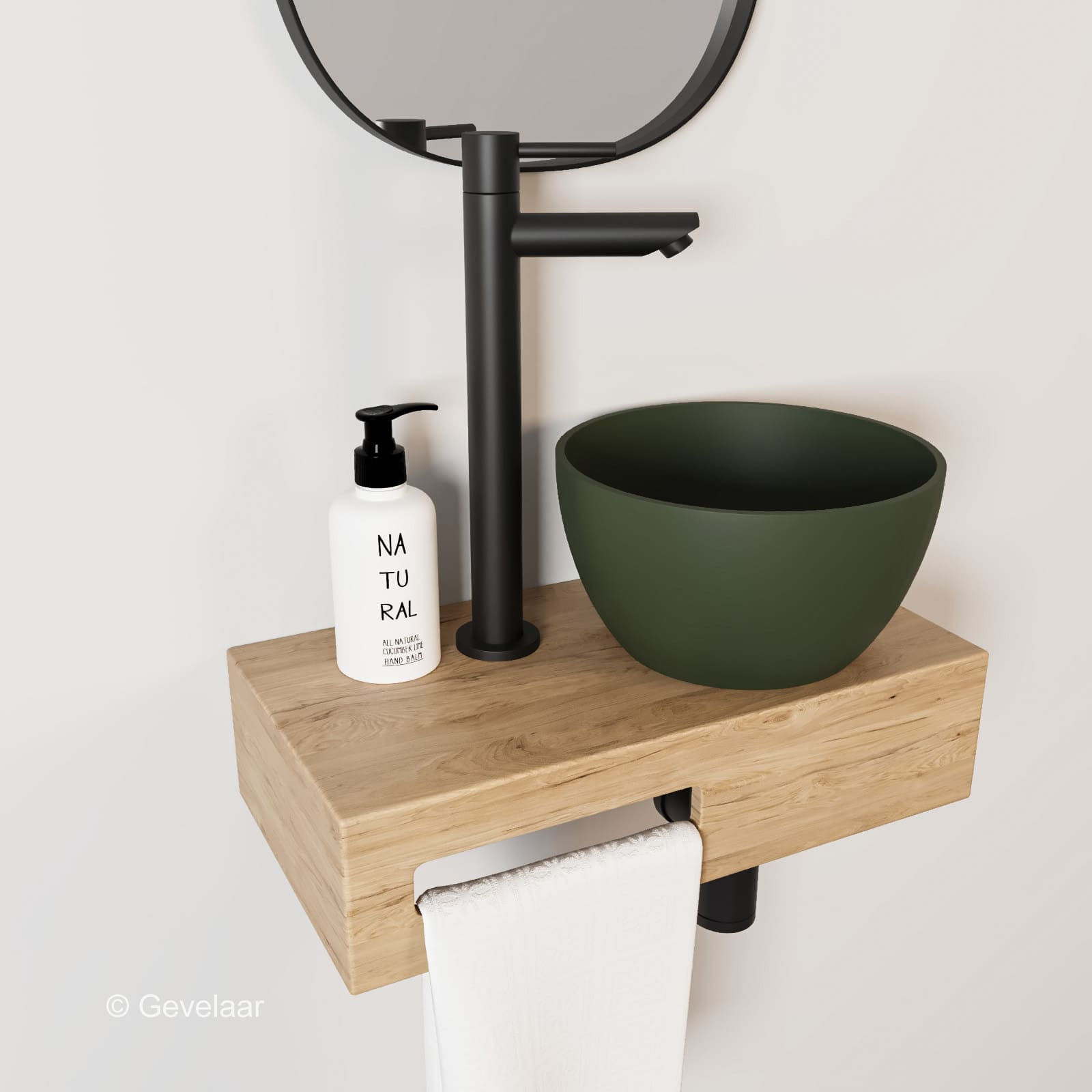 Arcqua Olivia fonteinset eikenhout waskom mat groen rechts kraan R mat zwart