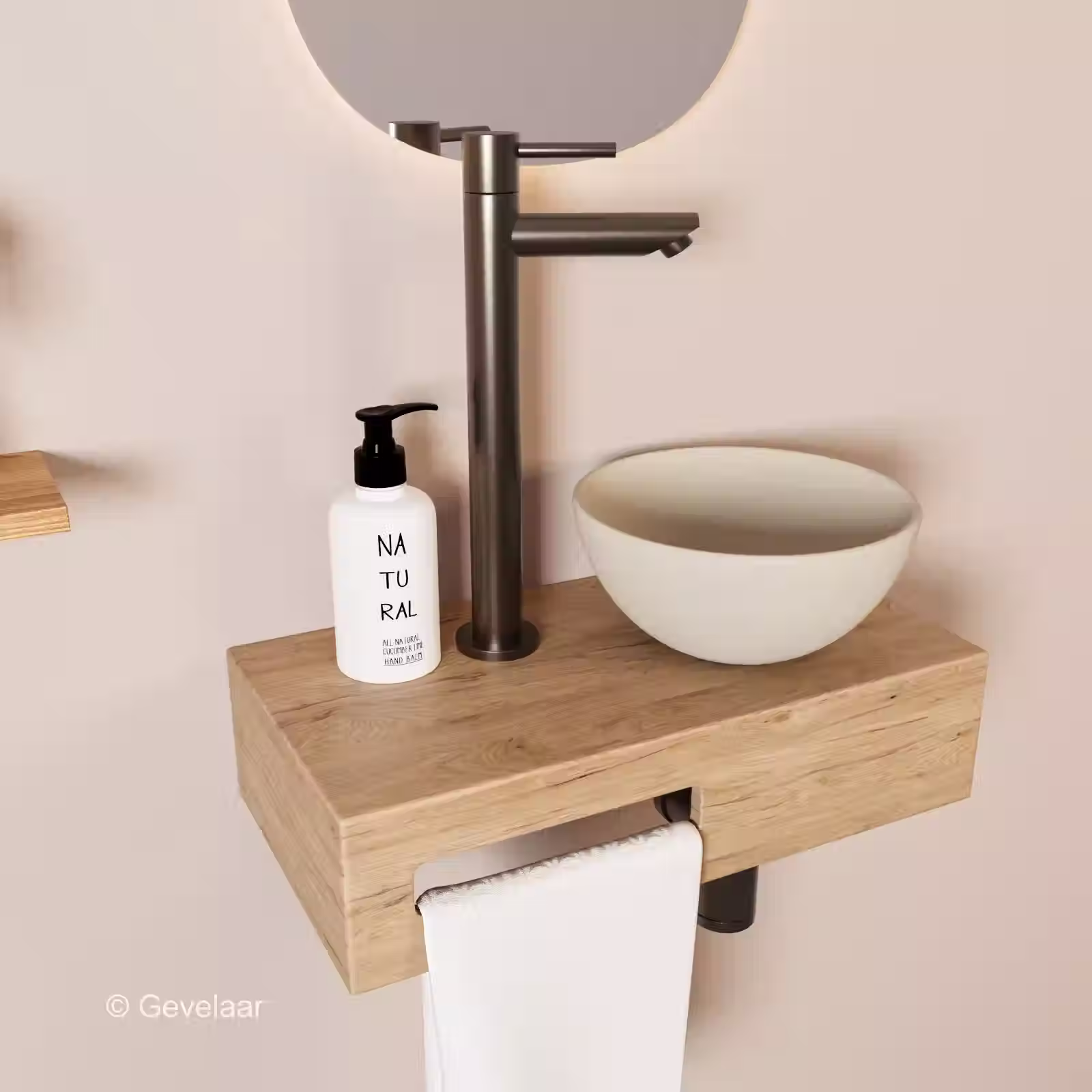 Tanaro Oasis fonteinset eikenhout kraan gunmetal waskom beige rechts