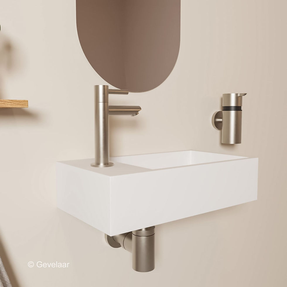 Thumbnail: Tanaro Eva fonteinset wasbak mat wit links solid surface rechte kraan RVS