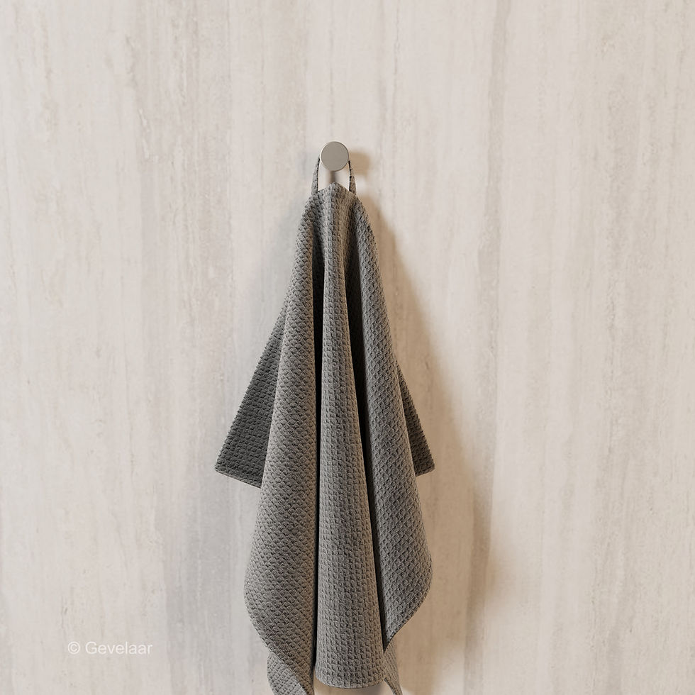Thumbnail: Handdoekhaak klein rvs met een handdoek aan opgehangen