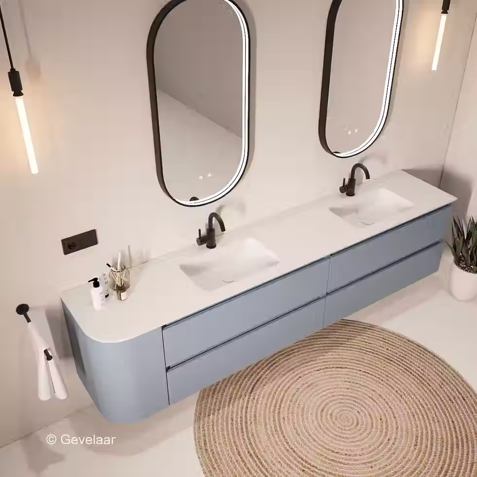 Thumbnail: Tanaro SoXeL badmeubel mis blauw afgeronde hoek dubbele wastafel mat wit 230cm