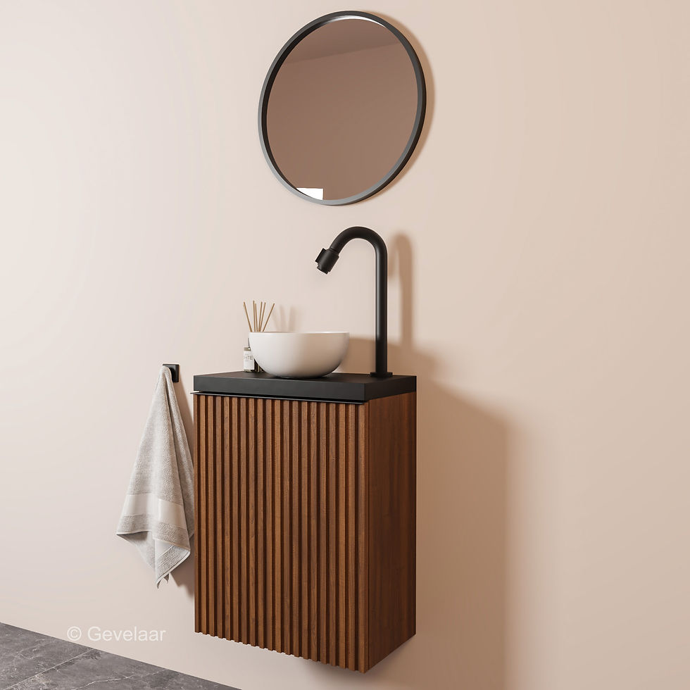 Tanaro Freshnook fonteinset kastje noten kraan boog mat zwart waskom glans wit