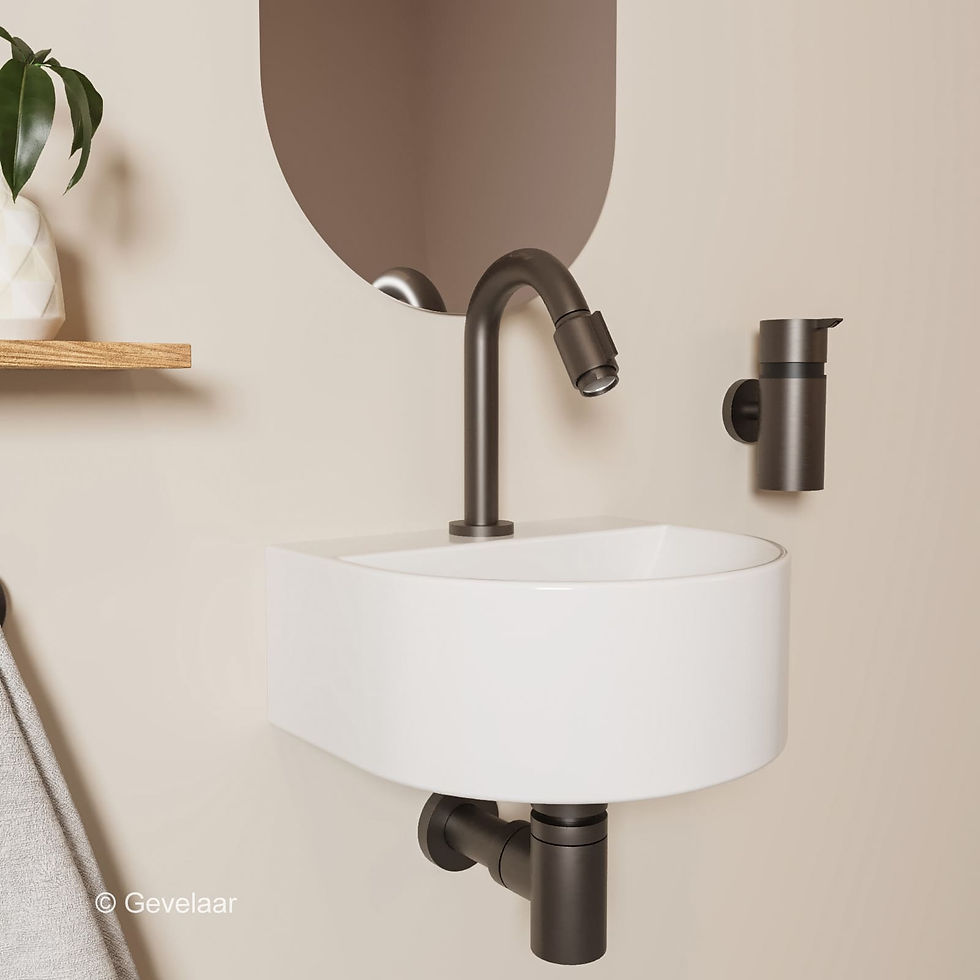 Thumbnail: Tanaro Mezzaluna fonteinset halfrond wasbak glans wit gebogen kraan gunmetal
