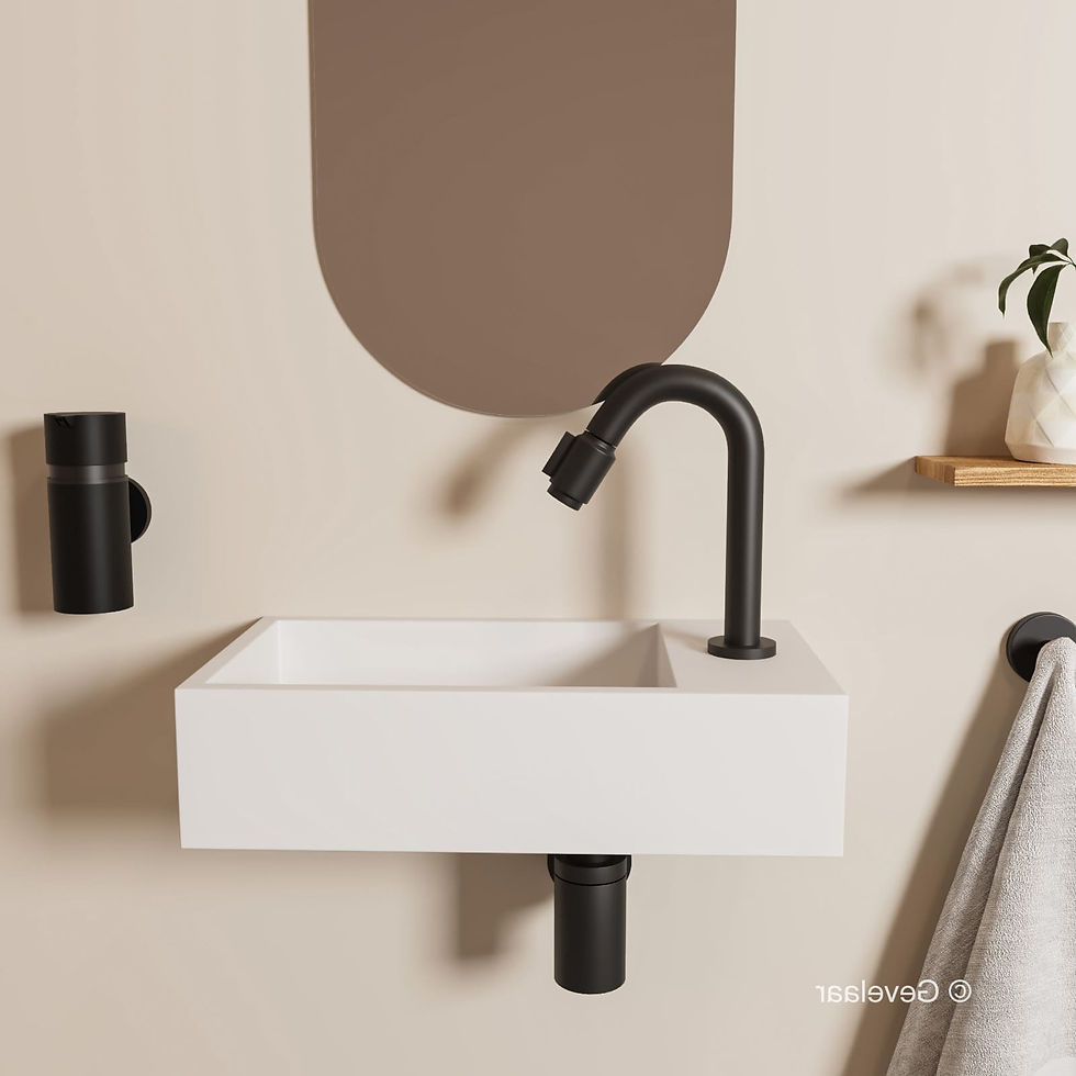 Thumbnail: Tanaro Eva fonteinset wasbak mat wit rechts solid surface bo kraan zwart