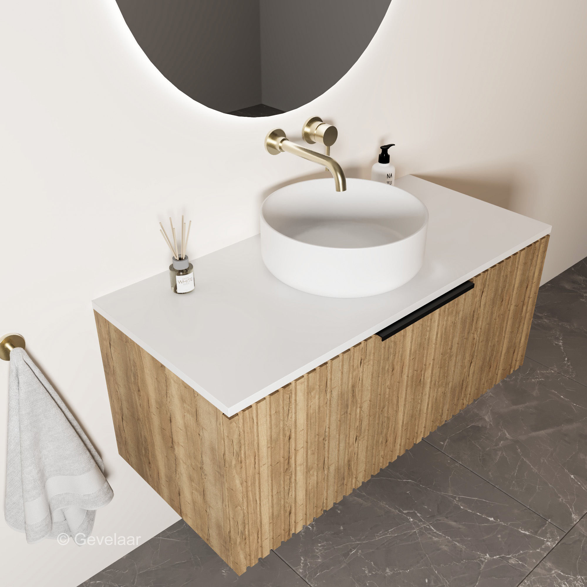 Tanaro Ribbeluxe surf badkamermeubel 100 cm. Ribbelfront eiken - plank mat wit