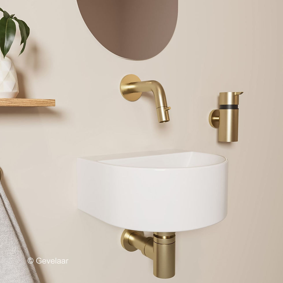 Thumbnail: Tanaro Mezzaluna fonteinset halfrond wasbak glans wit inbouw kraan gebgoud