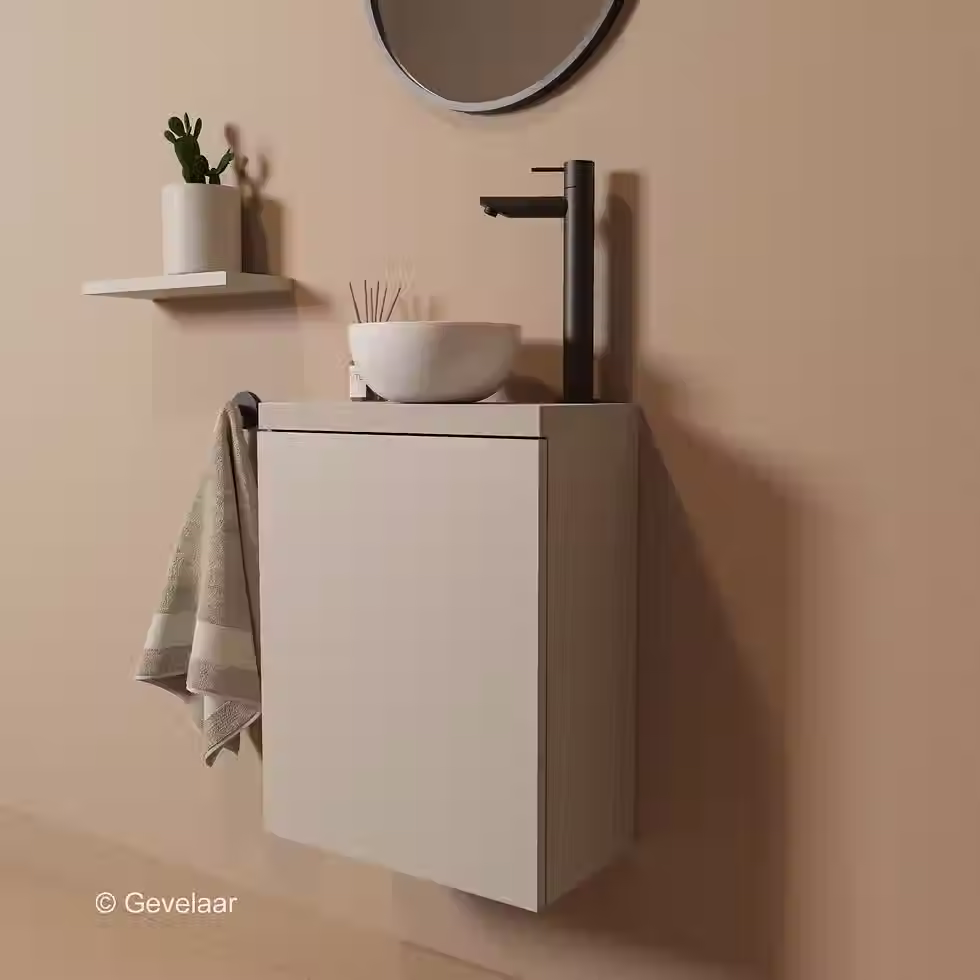 Tanaro Freshnook Fonteinset beige kast keramiek waskom kraan recht mat zwart
