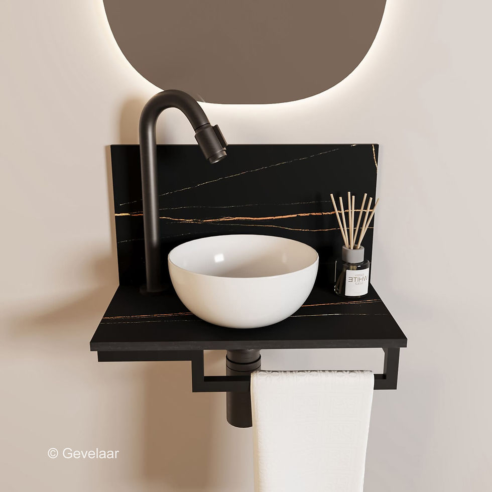 Thumbnail: Tanaro Marqstone fonteinset zwart wand kraan bo gunmetal kom 20cm wit houder R