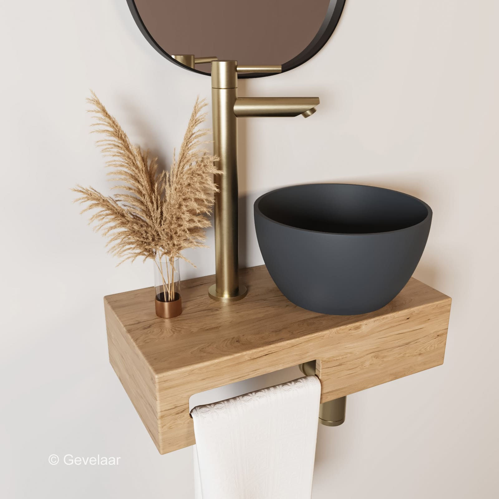 Arcqua Olivia fonteinset eikenhout waskom mat antraciet rechts kraan geb goud