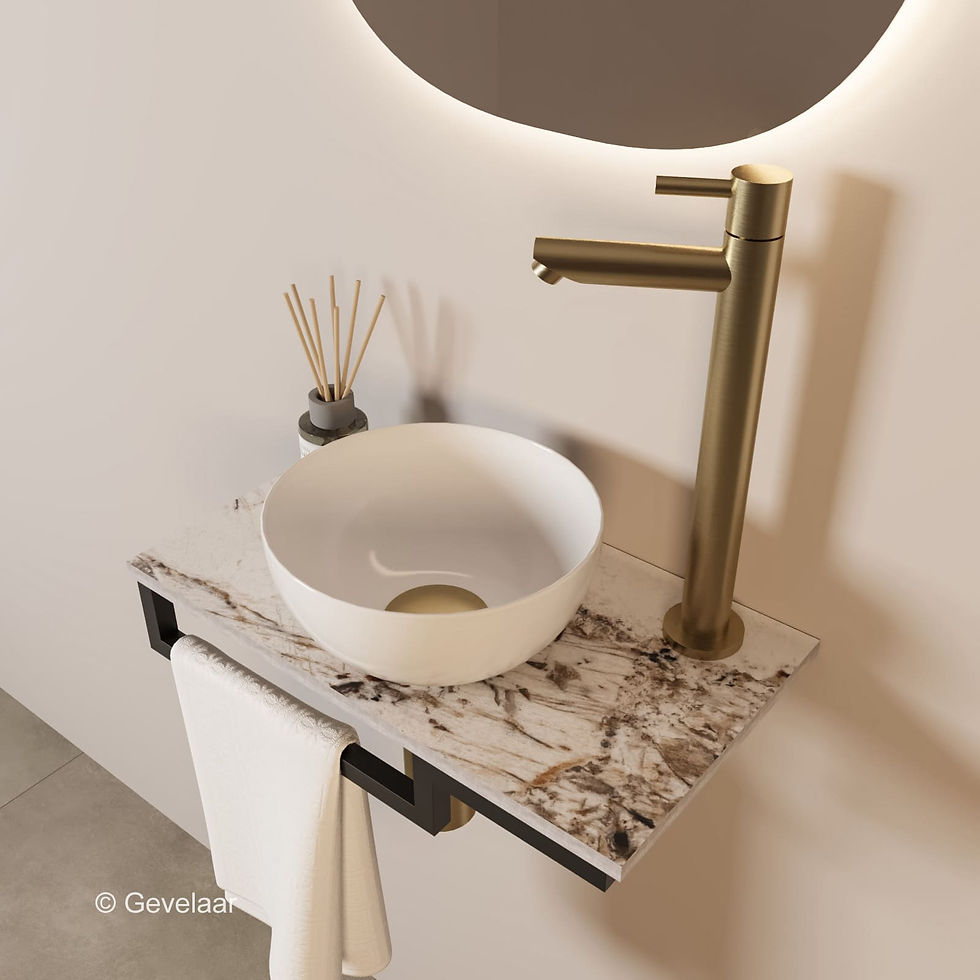 Thumbnail: Tanaro Marqstone fonteinset island glossy kraan geb goud kom wit houder L