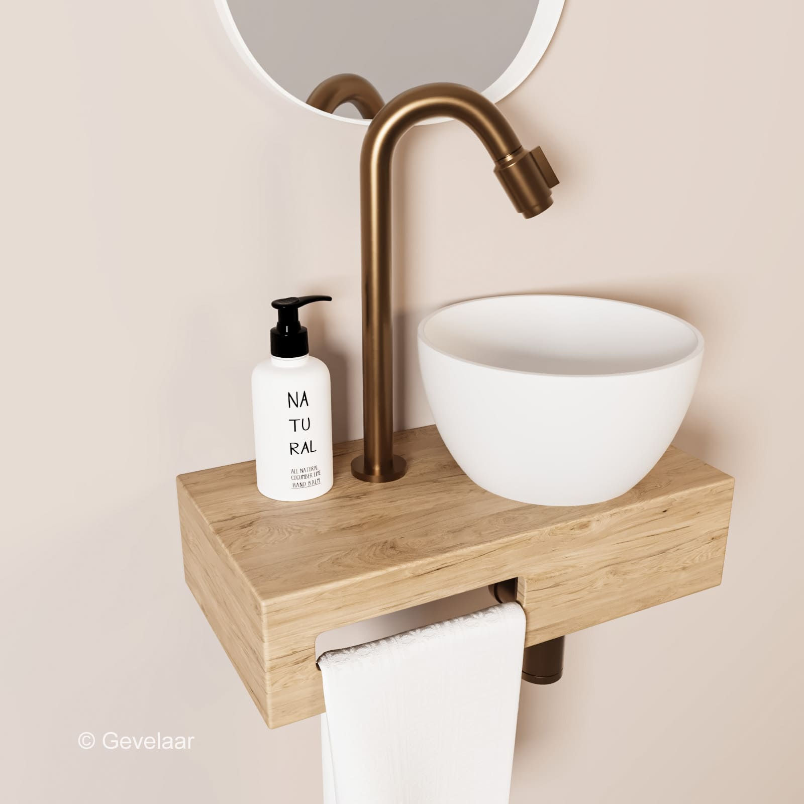Arcqua Olivia fonteinset eikenhout waskom mat wit rechts kraan bo brons koper