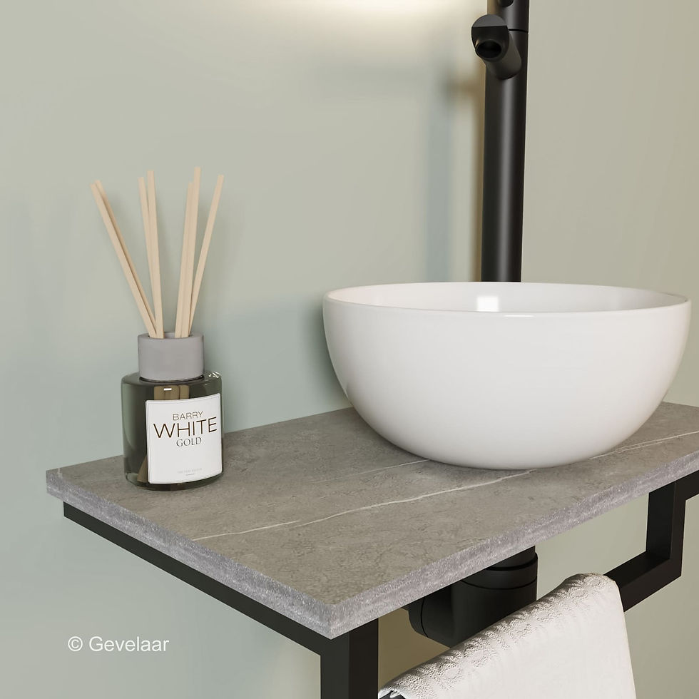 Thumbnail: Tanaro Marqstone fonteinset marmer grijs kraan mat zwart kom 20cm wit houder L