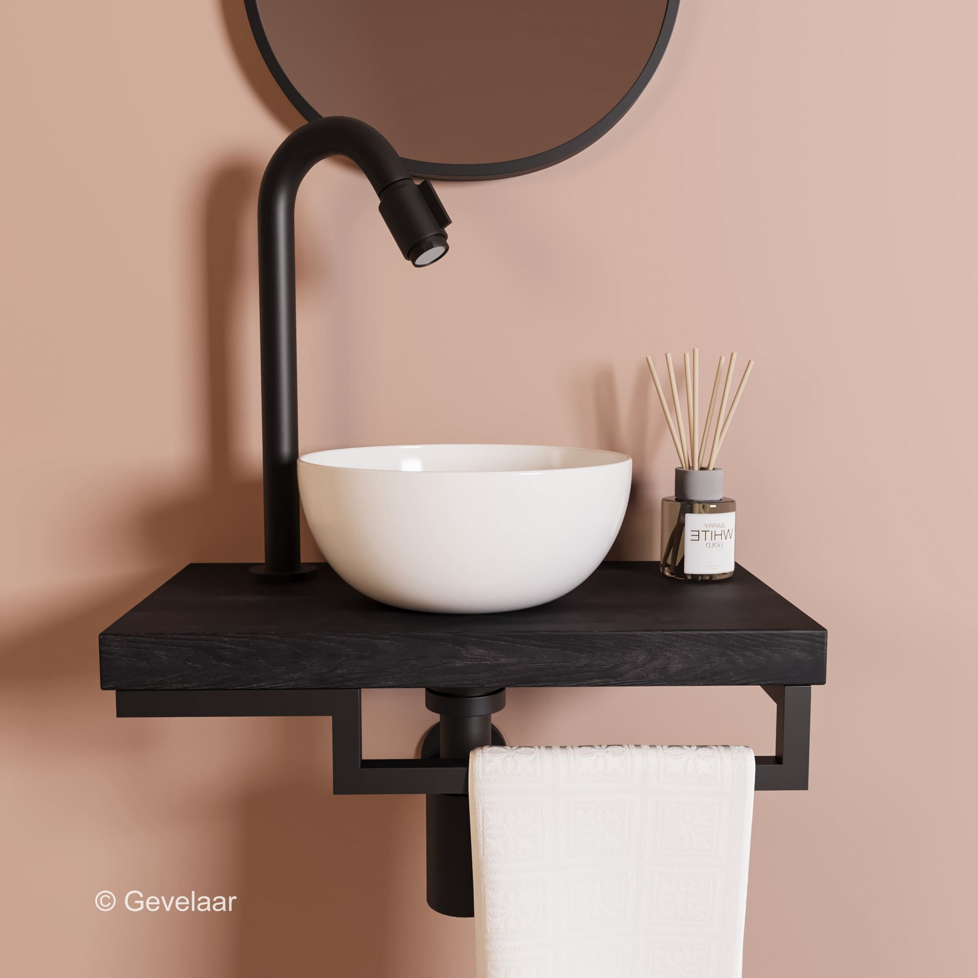 Proline TOP Black oak fonteinset kraan bo mat zwart kom 20cm glans wit houder R