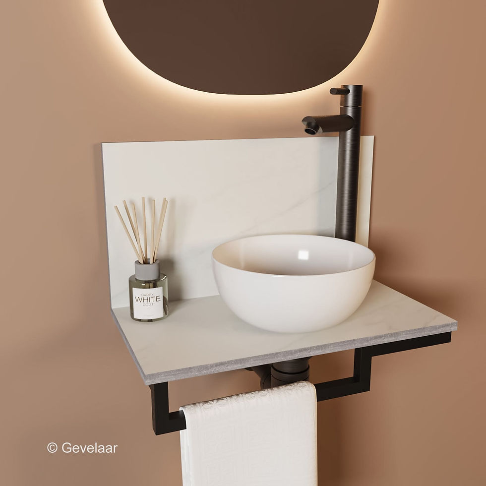 Thumbnail: Tanaro Marqstone fonteinset marmer mat wit wand kraan gunmetal kom wit houder L