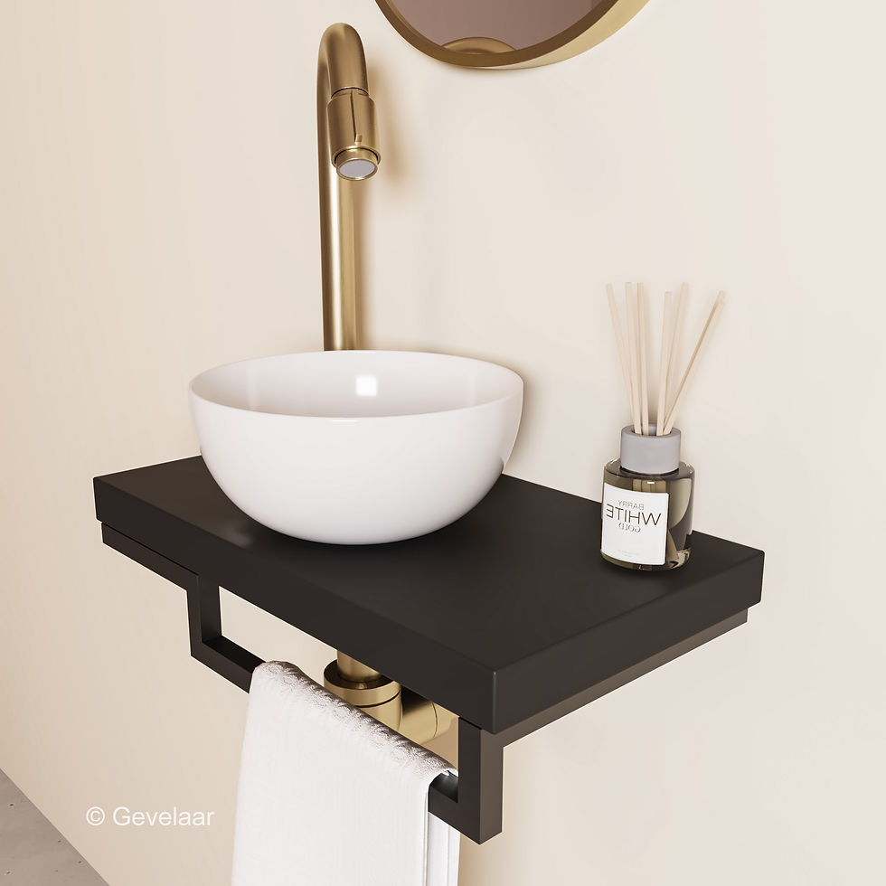 Thumbnail: Proline TOP mat zwart fonteinset kraan bo geb goud kom 20cm glans wit houder R