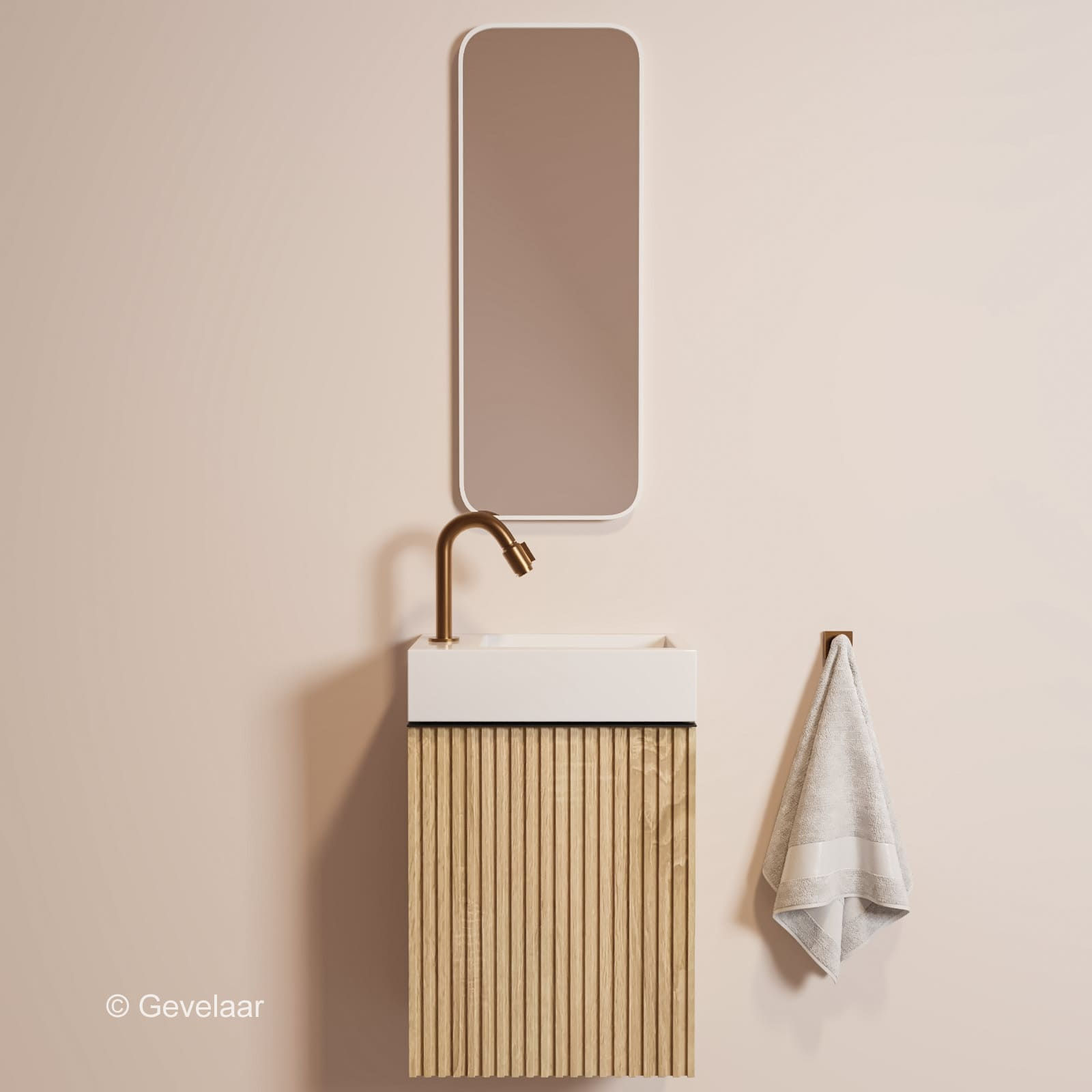 Tanaro Freshdip Fonteinset kast eikenhout wasbak omkeerbaar kraanset brons koper