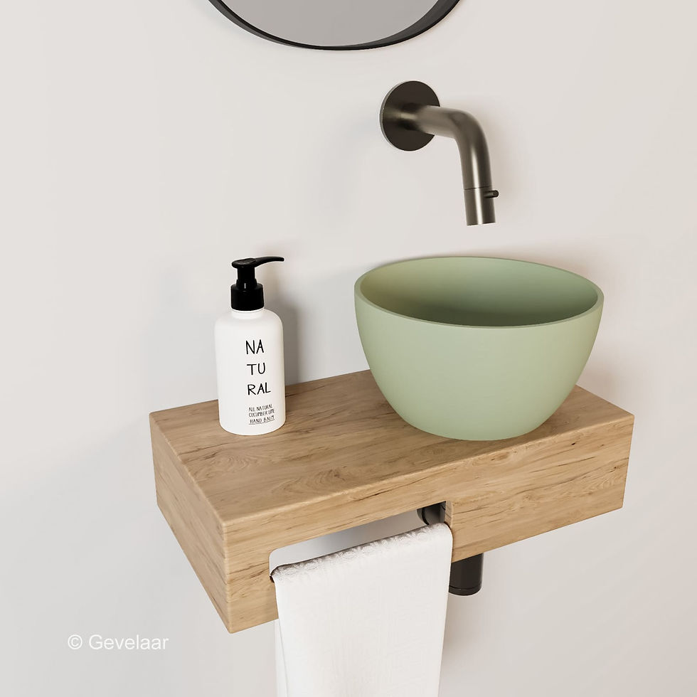 Arcqua Olivia fonteinset eikenhout waskom pastel groen rechts inb kraan gunmetal