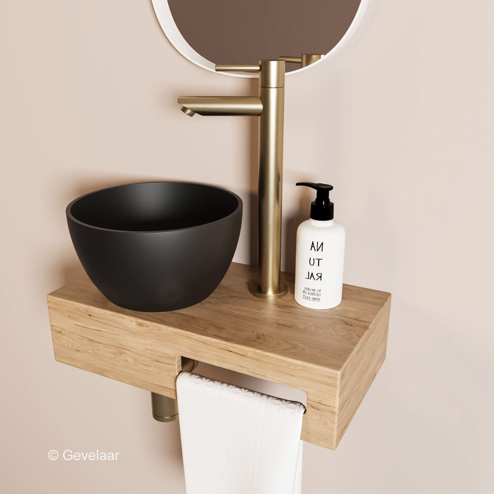 Arcqua Olivia fonteinset eikenhout waskom mat zwart links rechte kraan geb goud