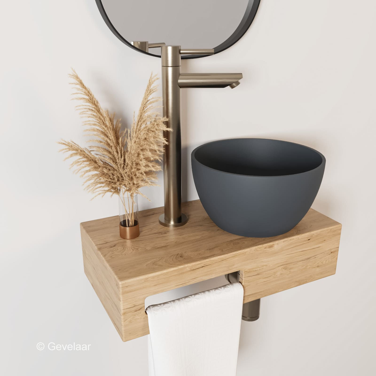 Arcqua Olivia fonteinset eikenhout waskom mat antraciet rechts rechte kraan RVS