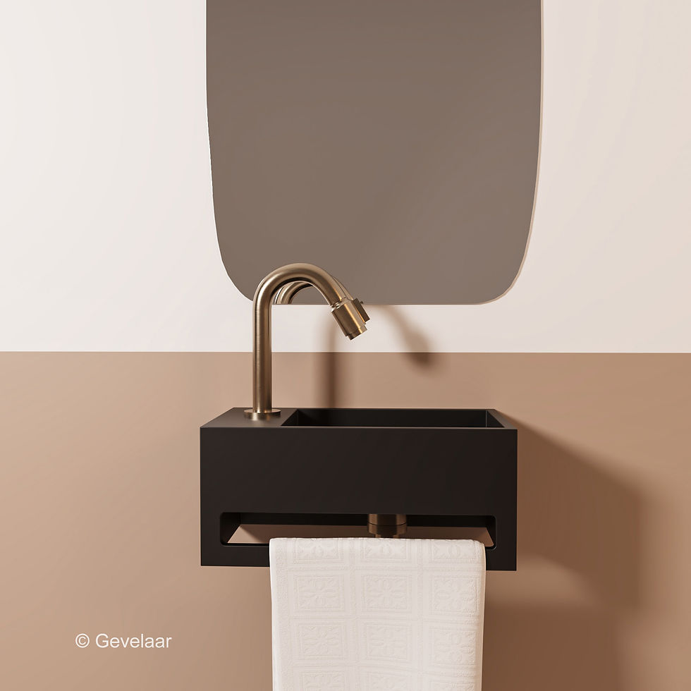 Thumbnail: Tanaro fonteinset SoSu solid surface mat zwart gebogen kraan links RVS