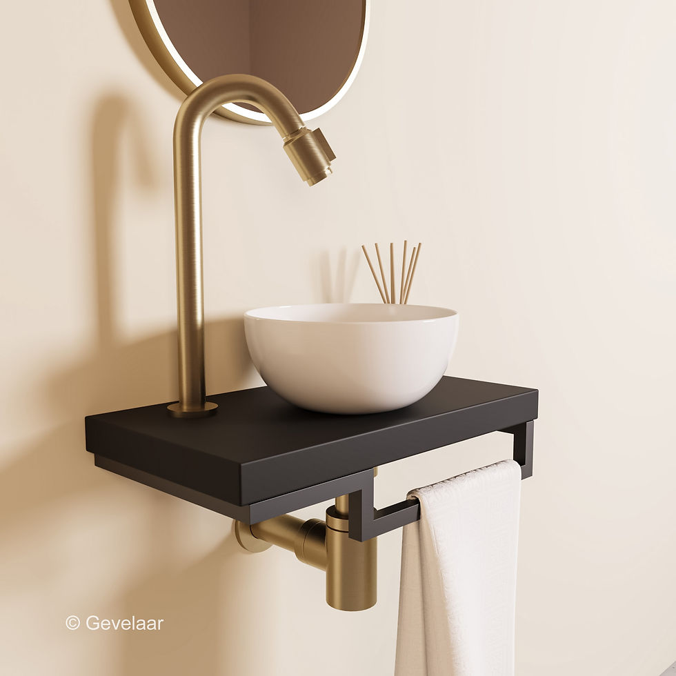 Proline TOP mat zwart fonteinset kraan bo geb goud kom 20cm glans wit houder R