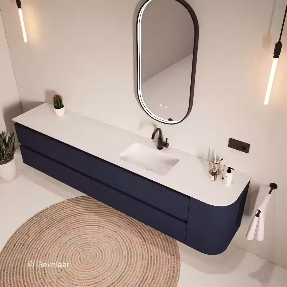 Thumbnail: SoXeL badmeubel intens blauw afgeronde hoek wastafel mat wit rechts 230cm