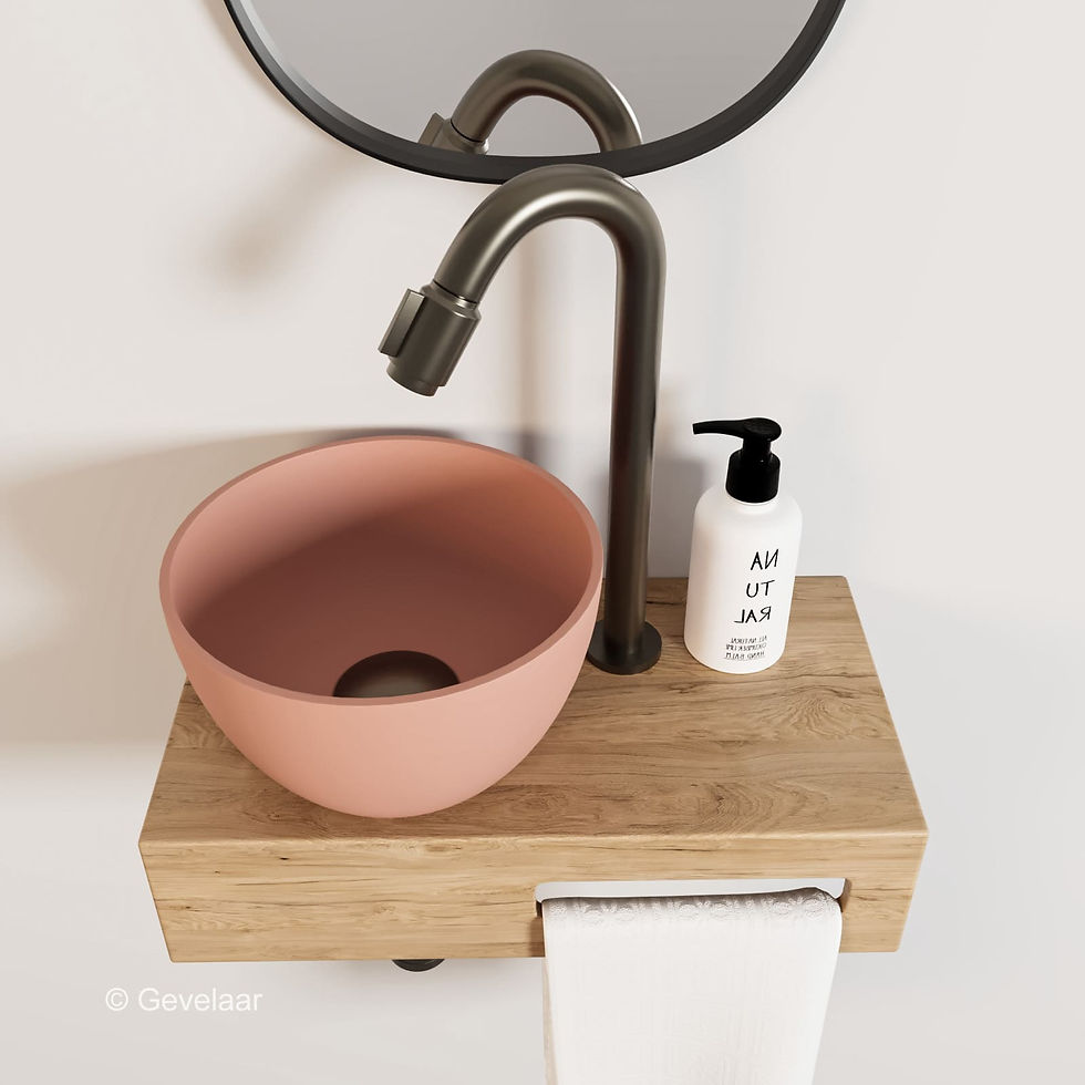 Thumbnail: Arcqua Olivia fonteinset eikenhout waskom mat roze links kraan bo gunmetal