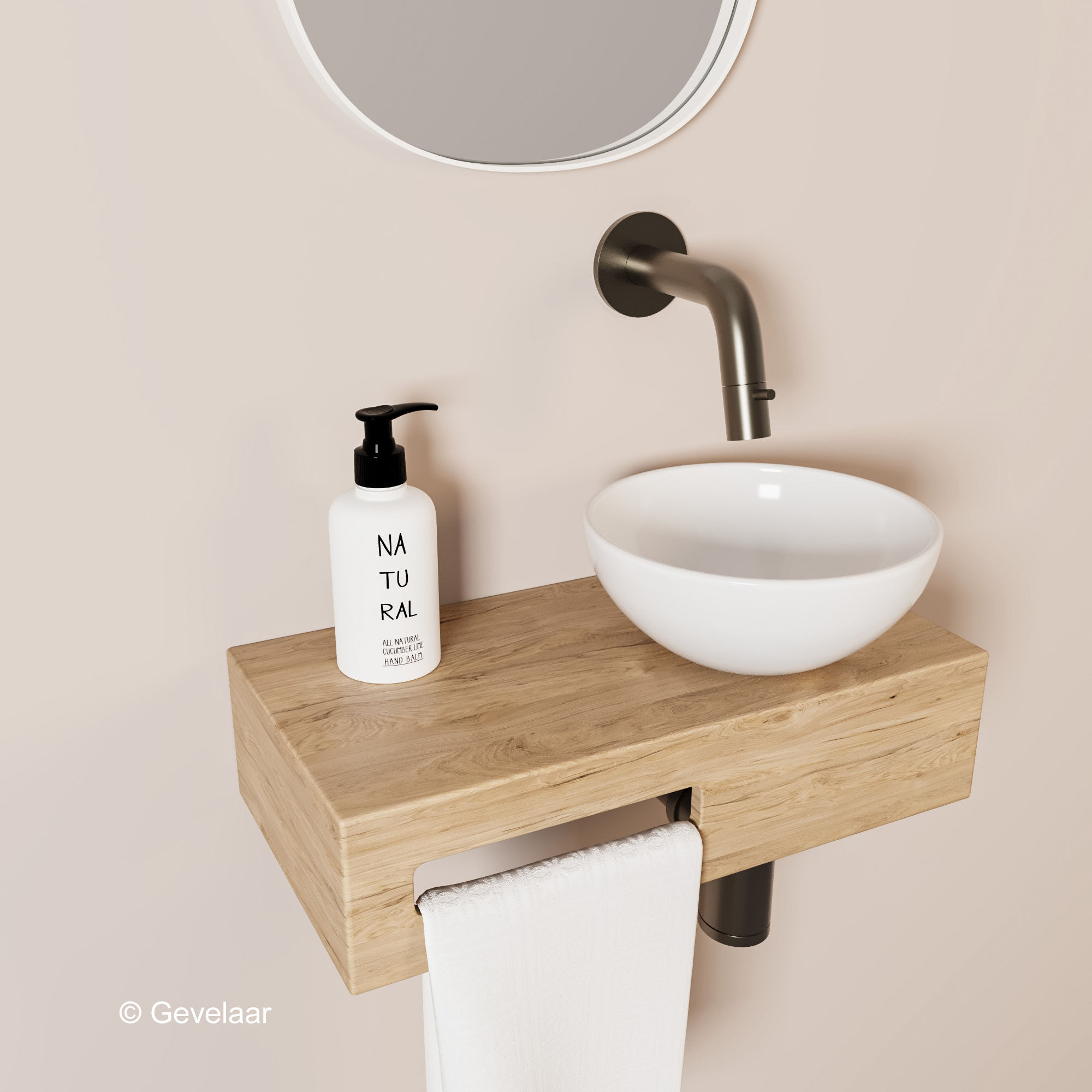 Tanaro Oasis fonteinset eiken met waskom wit - inbouwkraan gunmetal - rechts