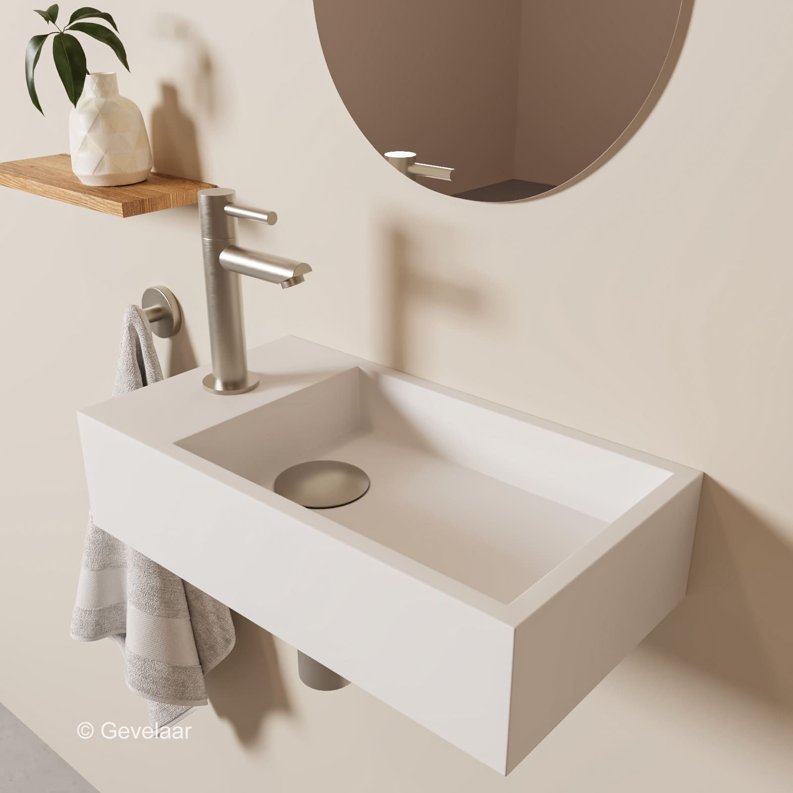 Tanaro Eva fonteinset wasbak mat wit links solid surface rechte kraan RVS