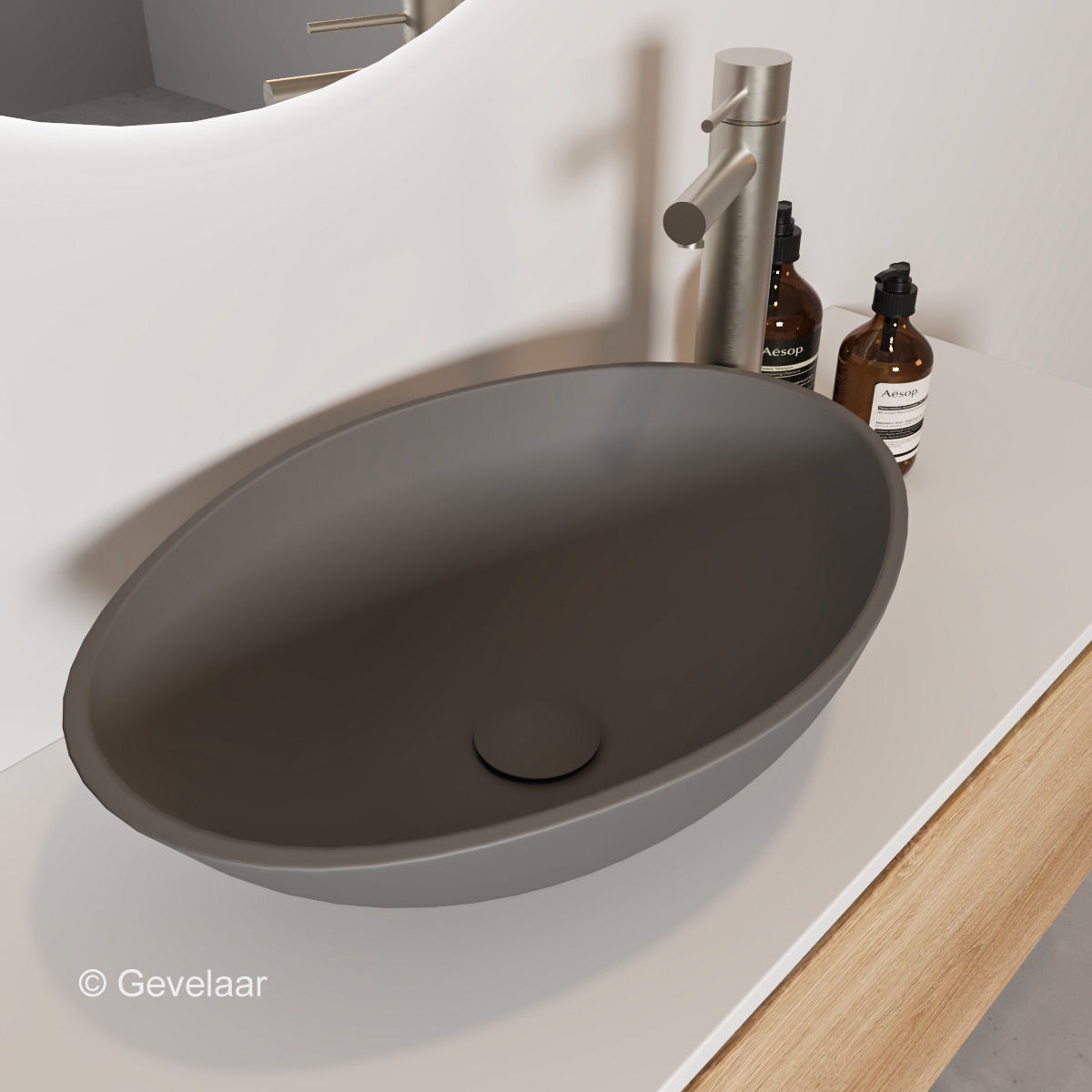 Arcqua Prince opbouw waskom cast marble ovaal 49*34 mat quartz grijs