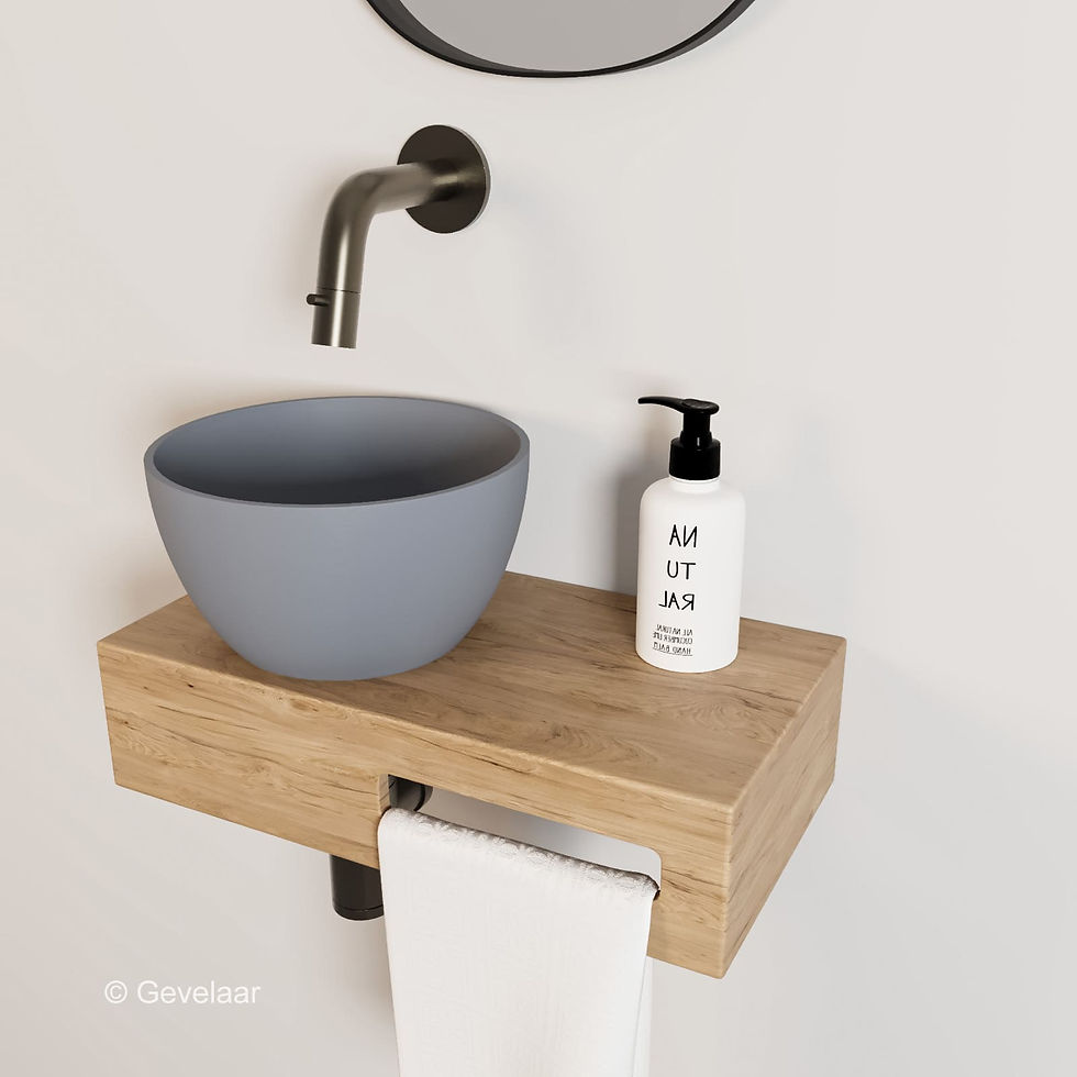 Arcqua Olivia fonteinset eikenhout waskom mat beton links inbouwkraan gunmetal