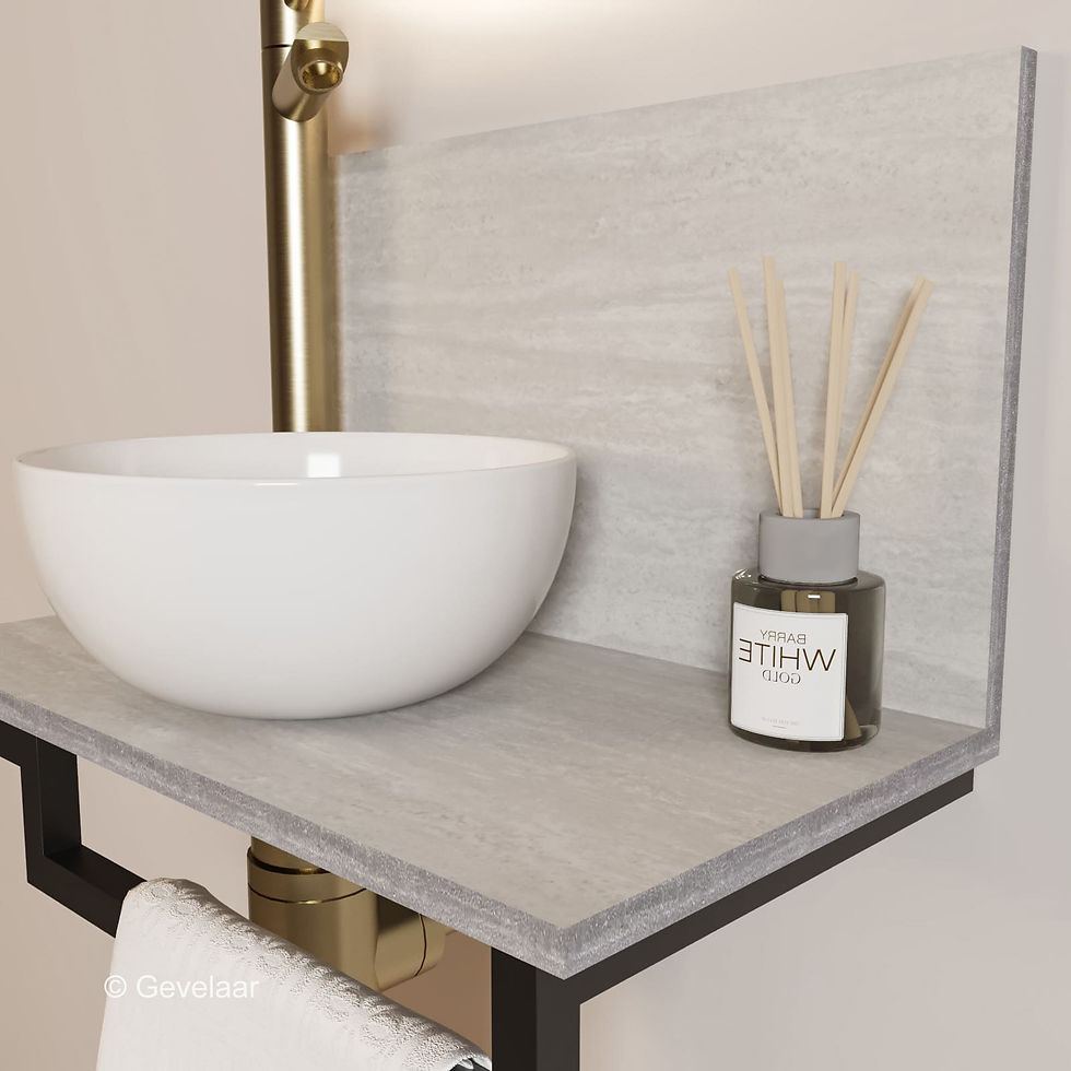 Thumbnail: Tanaro Marqstone fonteinset travertin mat wand kraan geb goud kom wit houder R
