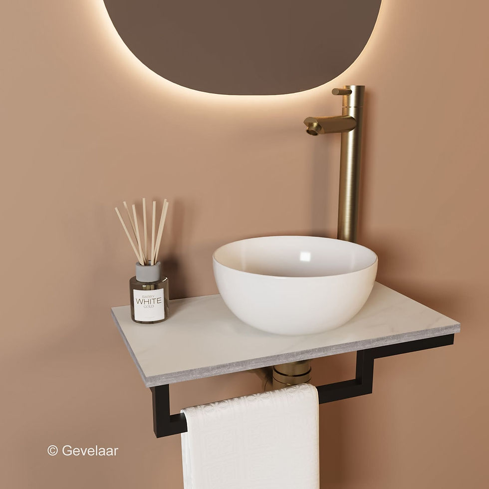 Thumbnail: Tanaro Marqstone fonteinset marmer mat wit kraan geb goud kom wit houder L