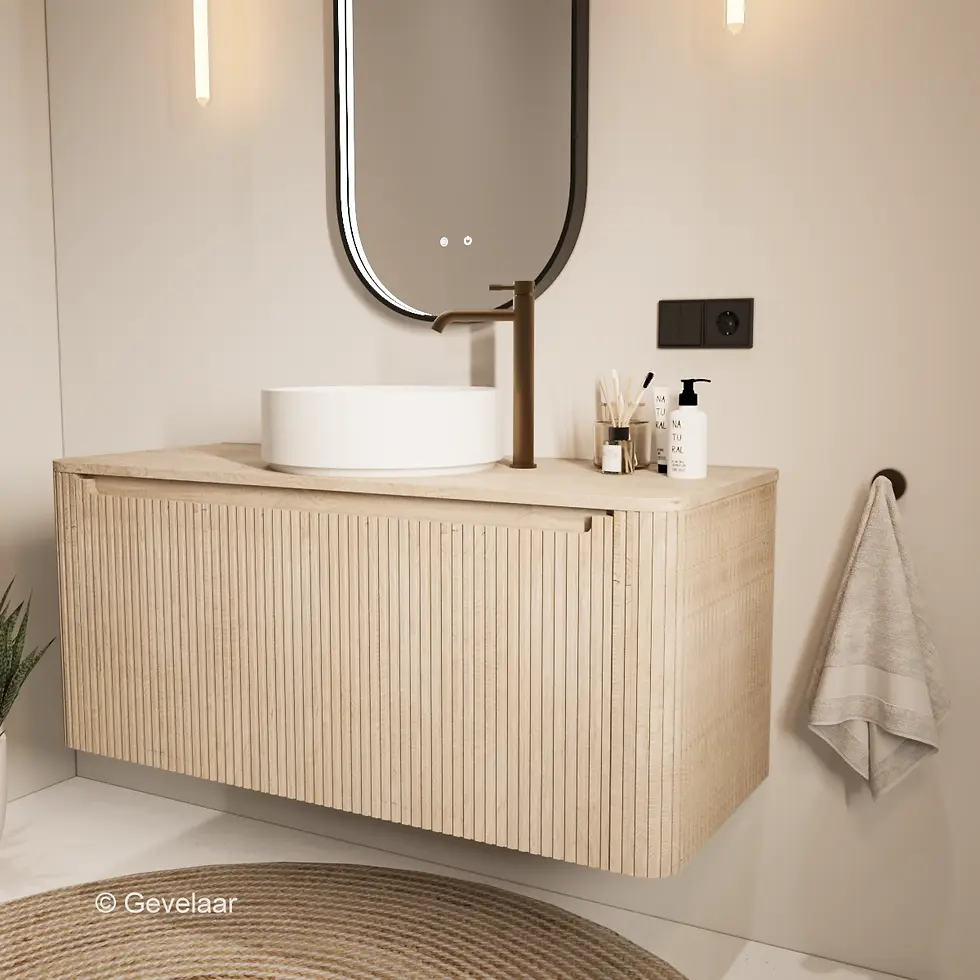 Thumbnail: Tanaro Stave badmeubel met afdekblad in licht eiken, 120 cm, met afgeronde hoeken en witte opbouw waskom