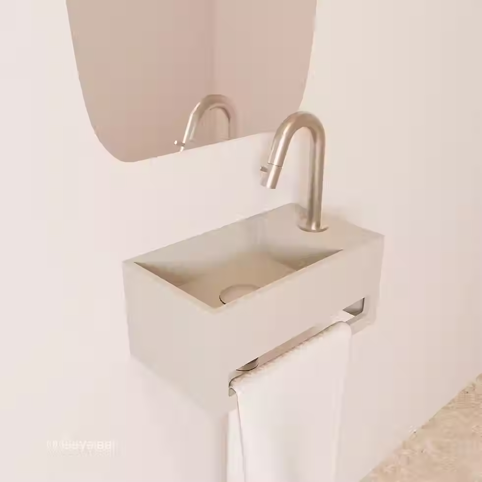 Thumbnail: Zaphir SoSu fonteinset solid surface wasbak beige rechts kraanset RVS