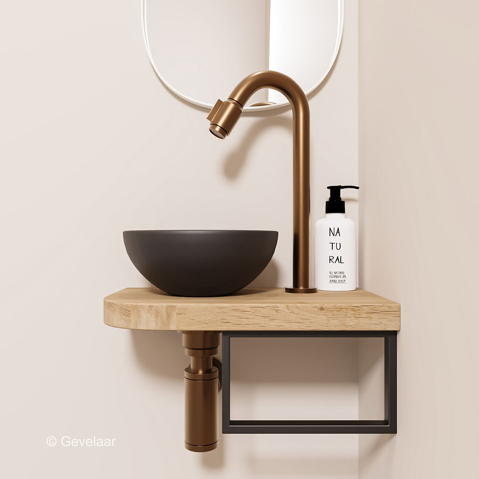 Thumbnail: Tanaro Lille fonteinset eiken kom frame mat zwart - gebogen kraan brons-koper