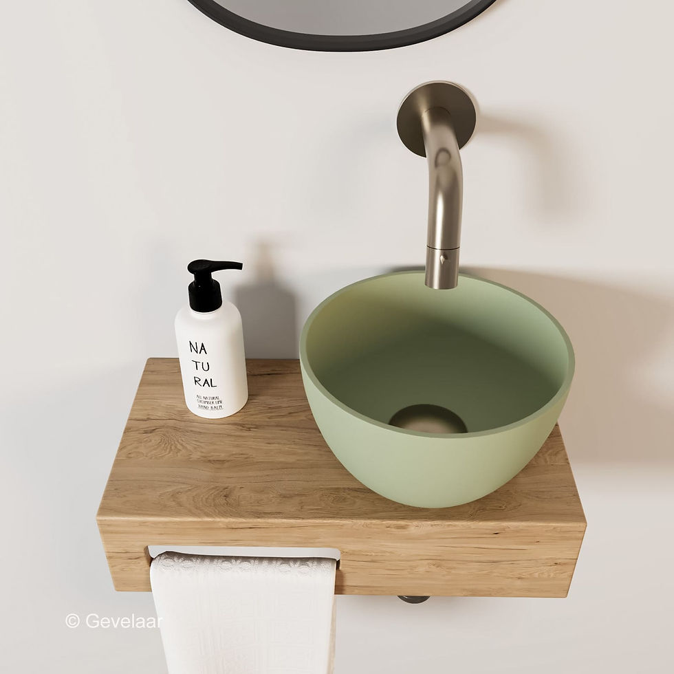 Arcqua Olivia fonteinset eikenhout waskom pastel groen rechts inbouwkraan RVS