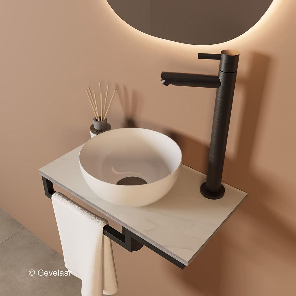Thumbnail: Tanaro Marqstone fonteinset marmer mat wit kraan gunmetal kom wit houder L