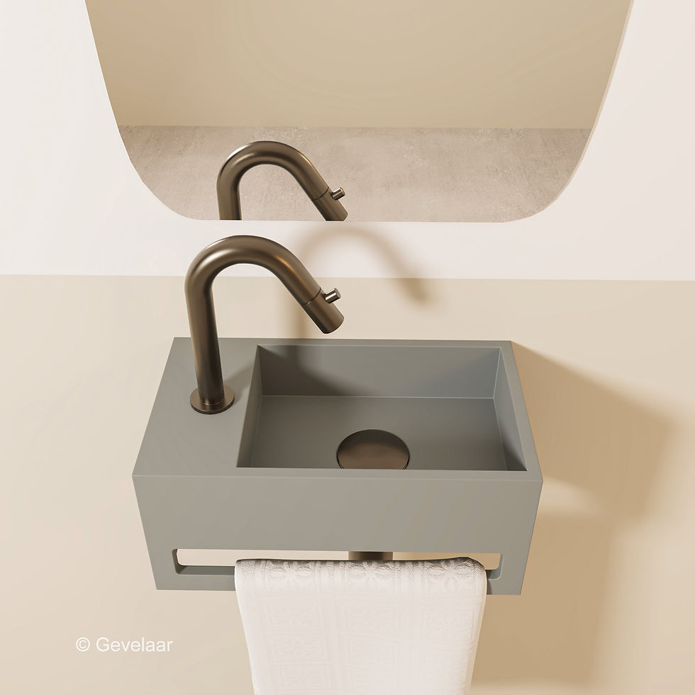 Thumbnail: Tanaro fonteinset SoSu solid surface clay beton gebogen kraan links gunmetal