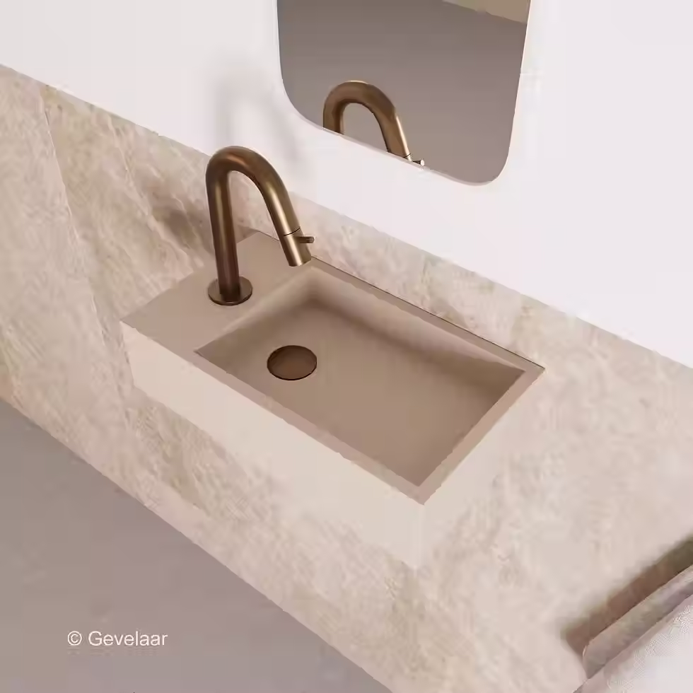 Thumbnail: Zaphir Eva fonteinset solid surface wasbak beige links kraanset geborsteld brons