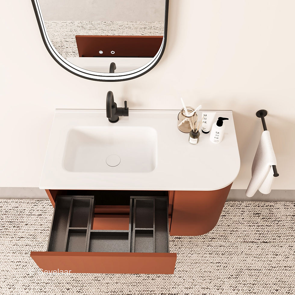 Thumbnail: Tanaro Soft badmeubel terracotta afgeronde hoek rechts 90cm wastafel mat wit