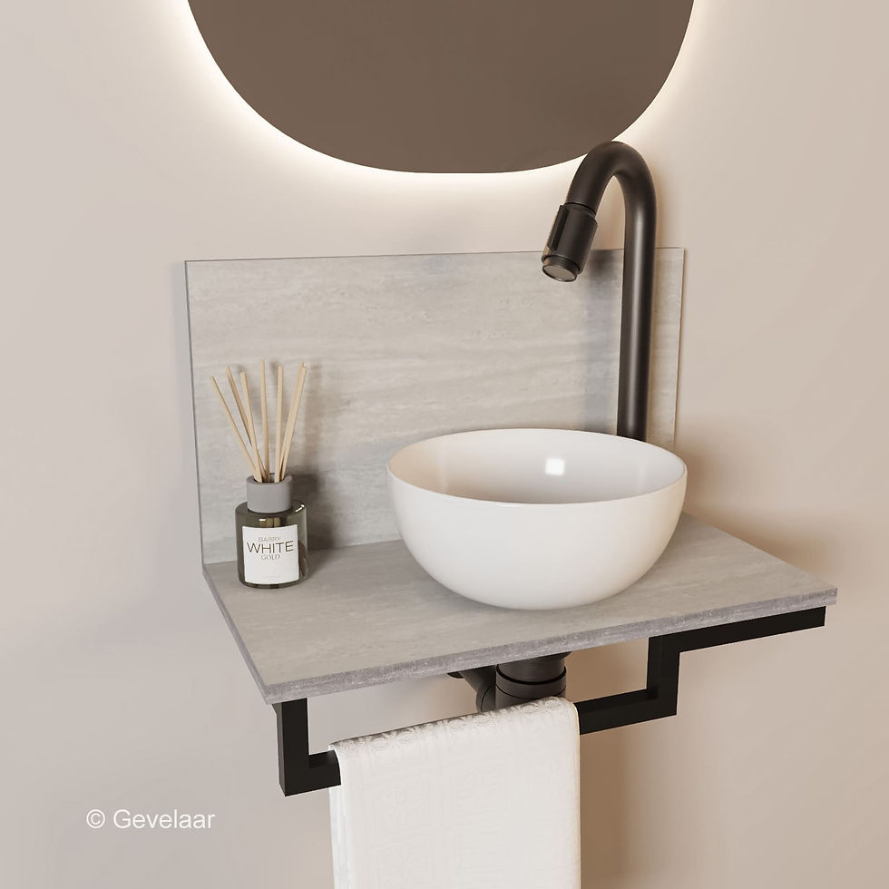 Thumbnail: Tanaro Marqstone fonteinset travertin wand kraan bo gunmetal kom wit houder L