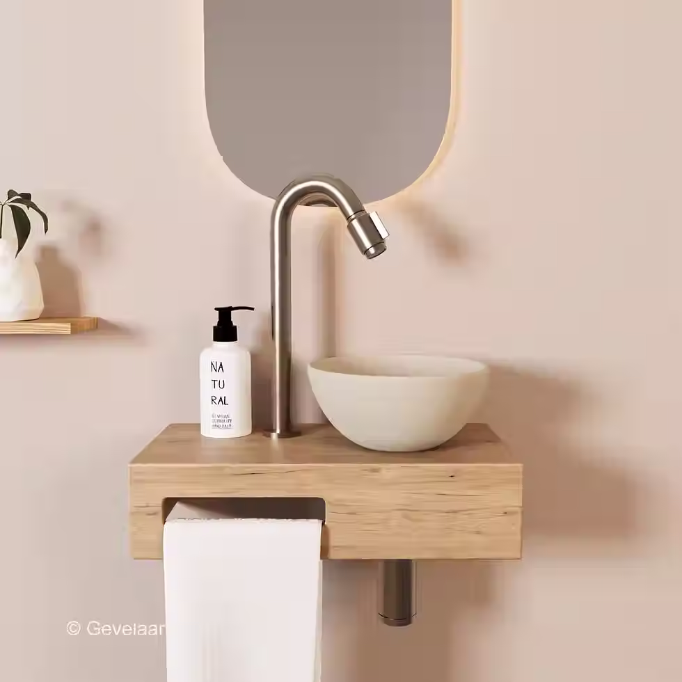 Tanaro Arche fonteinset eikenhout kraanset bo RVS waskom beige rechts