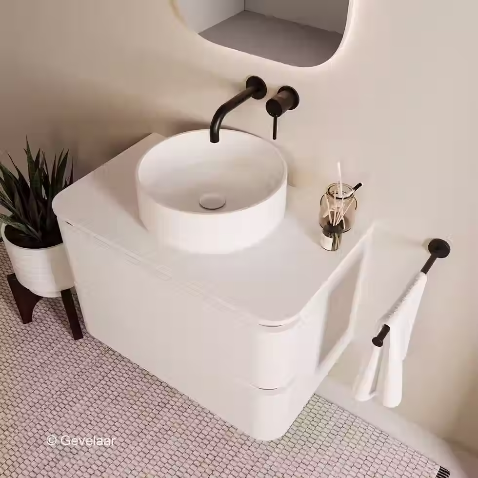 Tanaro Shell badmeubel met afdekblad in mat wit, 80 cm, met afgeronde hoeken en witte opbouw waskom