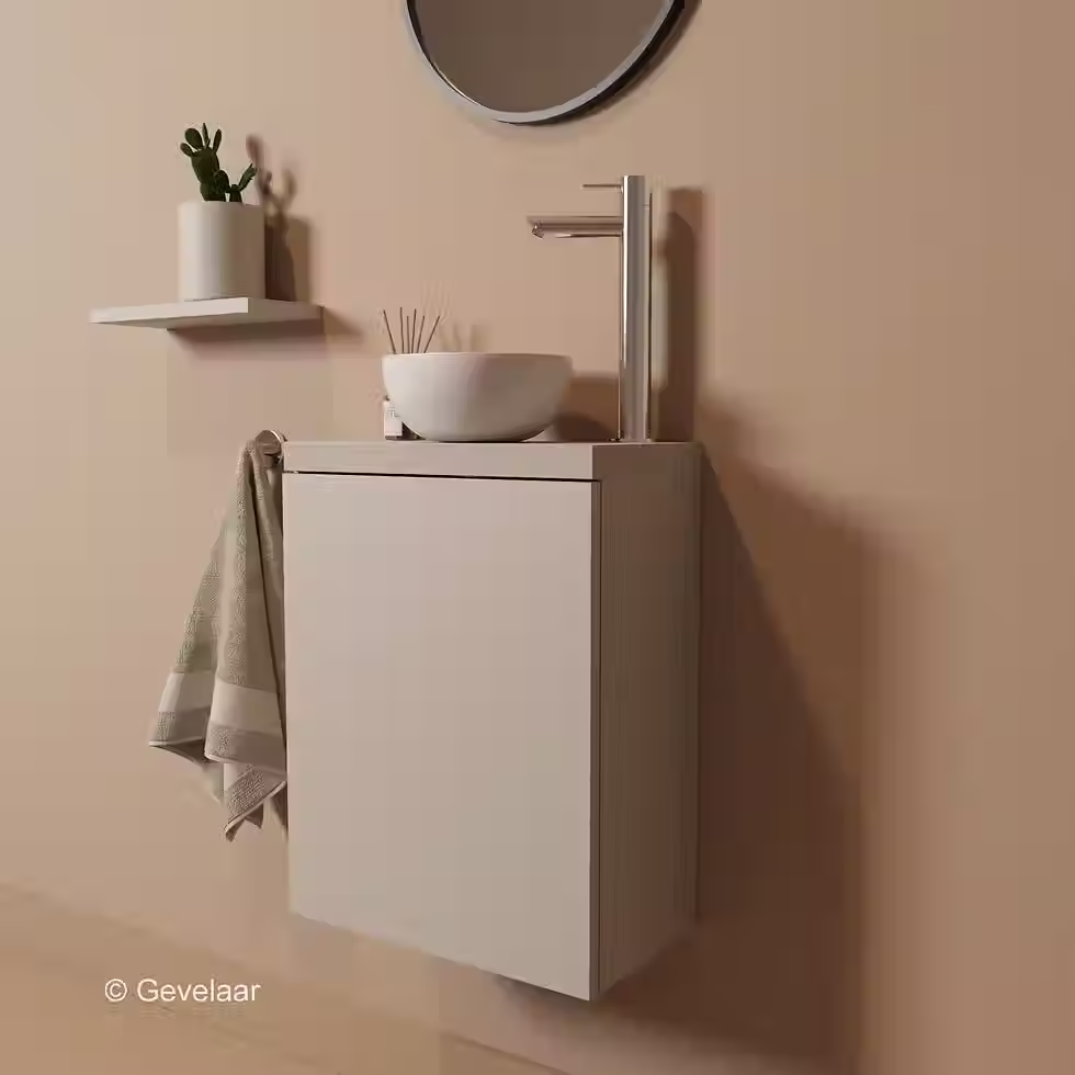 Tanaro Freshnook Fonteinset beige kast keramiek waskom kraan recht chroom