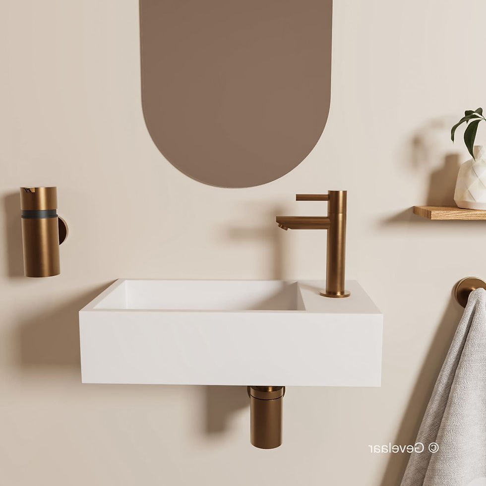Thumbnail: Tanaro Eva fonteinset wasbak mat wit rechts solid surface rechte kraan br. koper